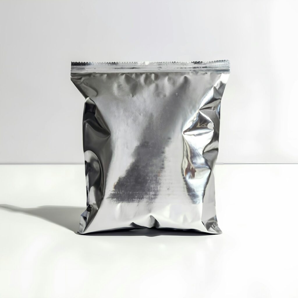 A silver foil bag sitting on a white surface